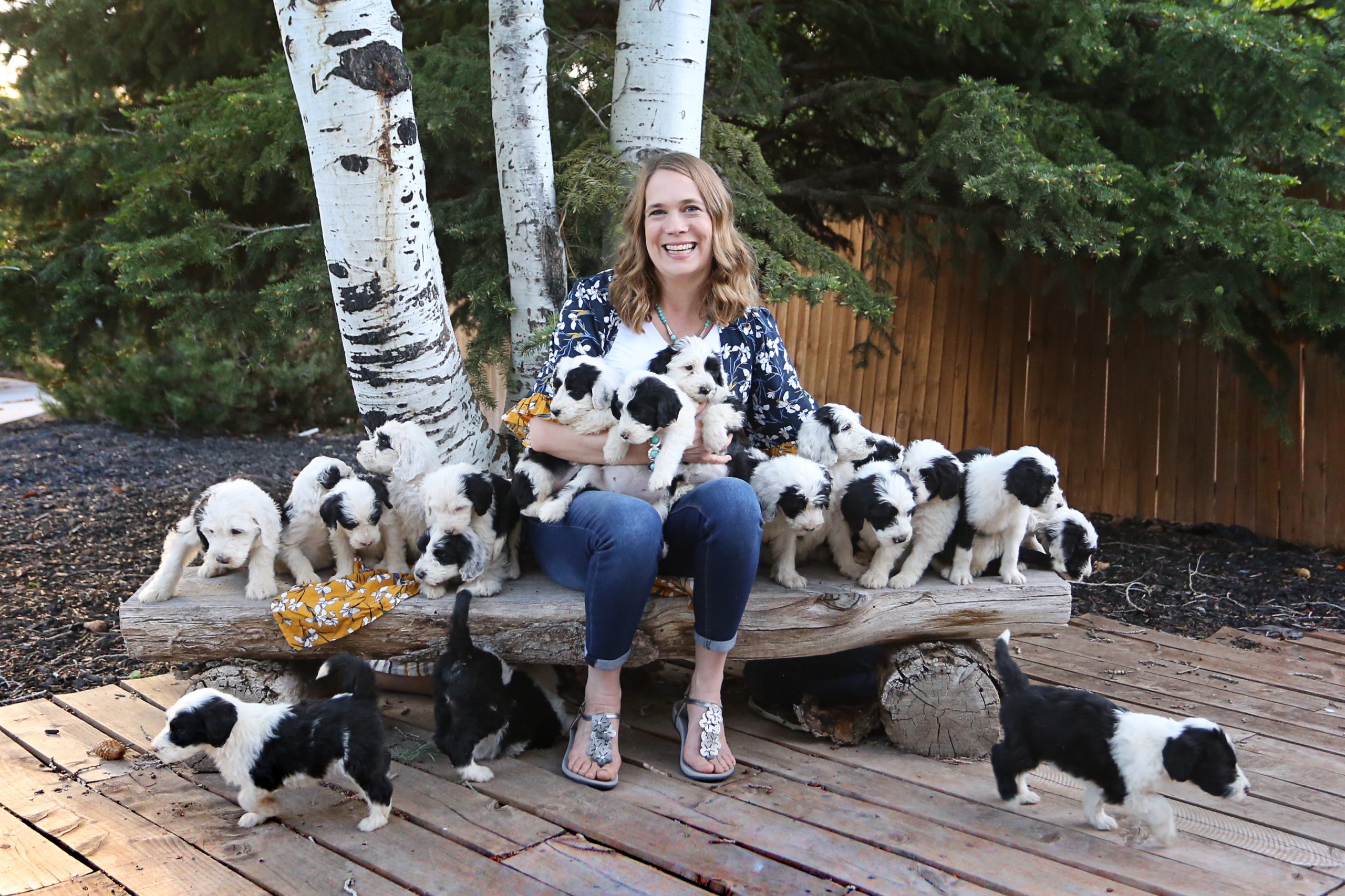 Family with their Mountain Puppies dog